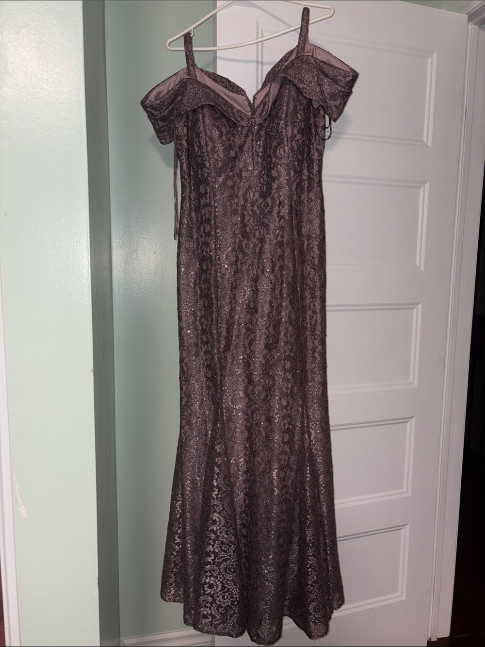 R&M Richards Off-Shoulder Lace Gown in Mauve